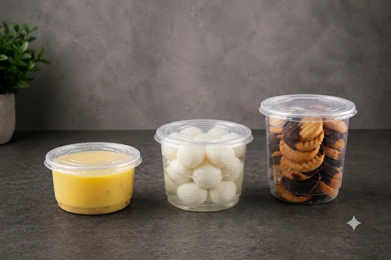 Three round PP containers filled with assorted foods