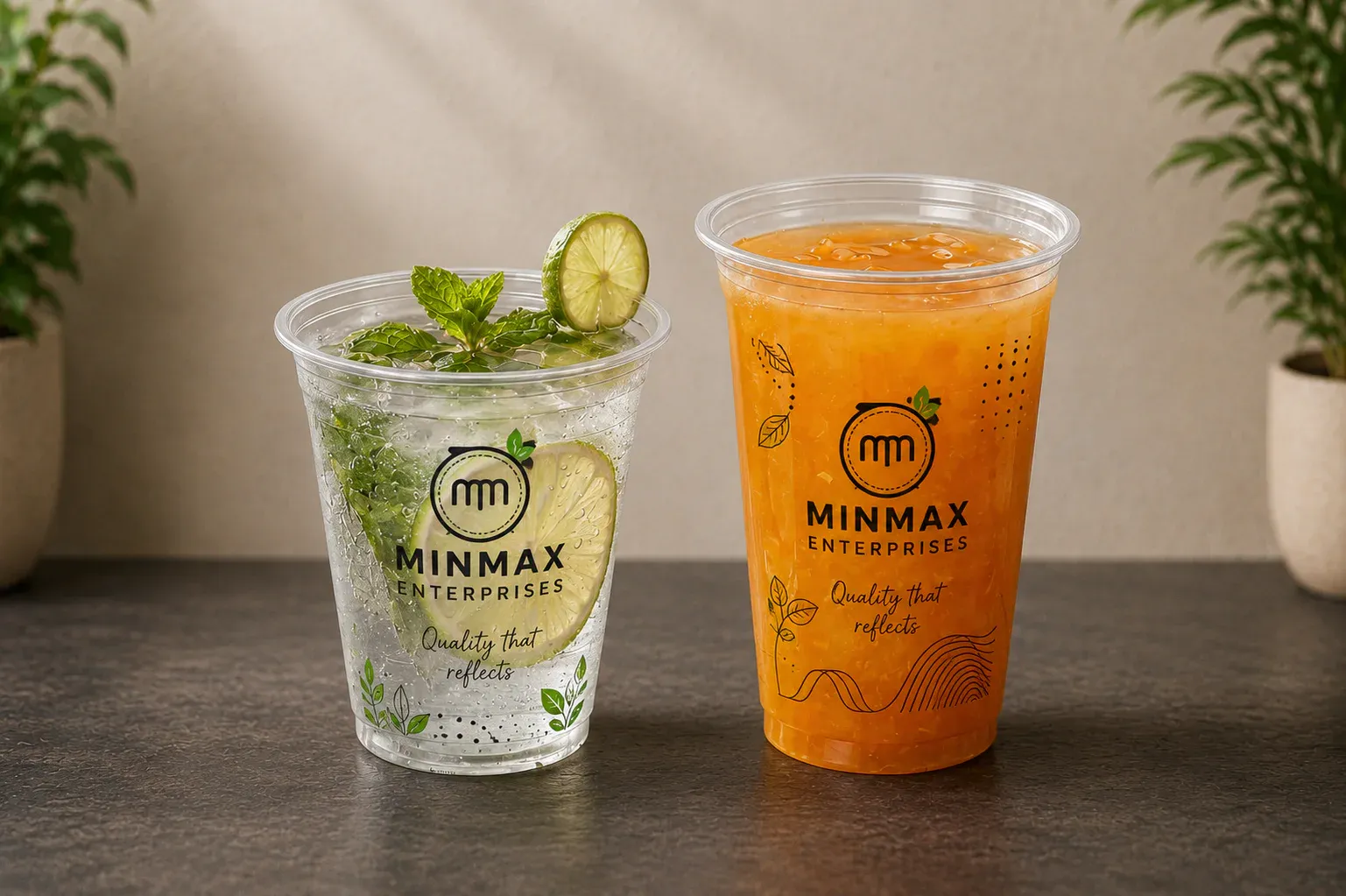 Two clear printed drink cups with custom branding