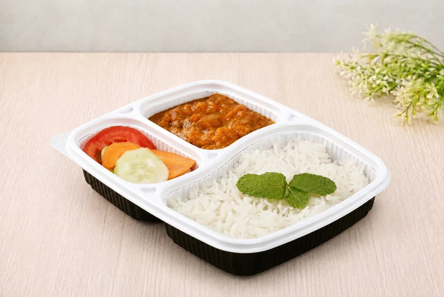 A three-compartment meal tray holding rice, dal and sliced salad