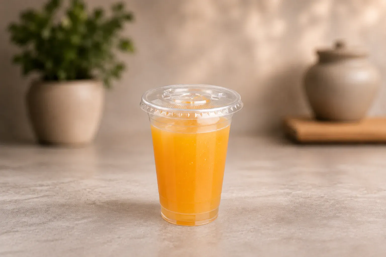 Clear drink cup fitted with a flat plastic lid