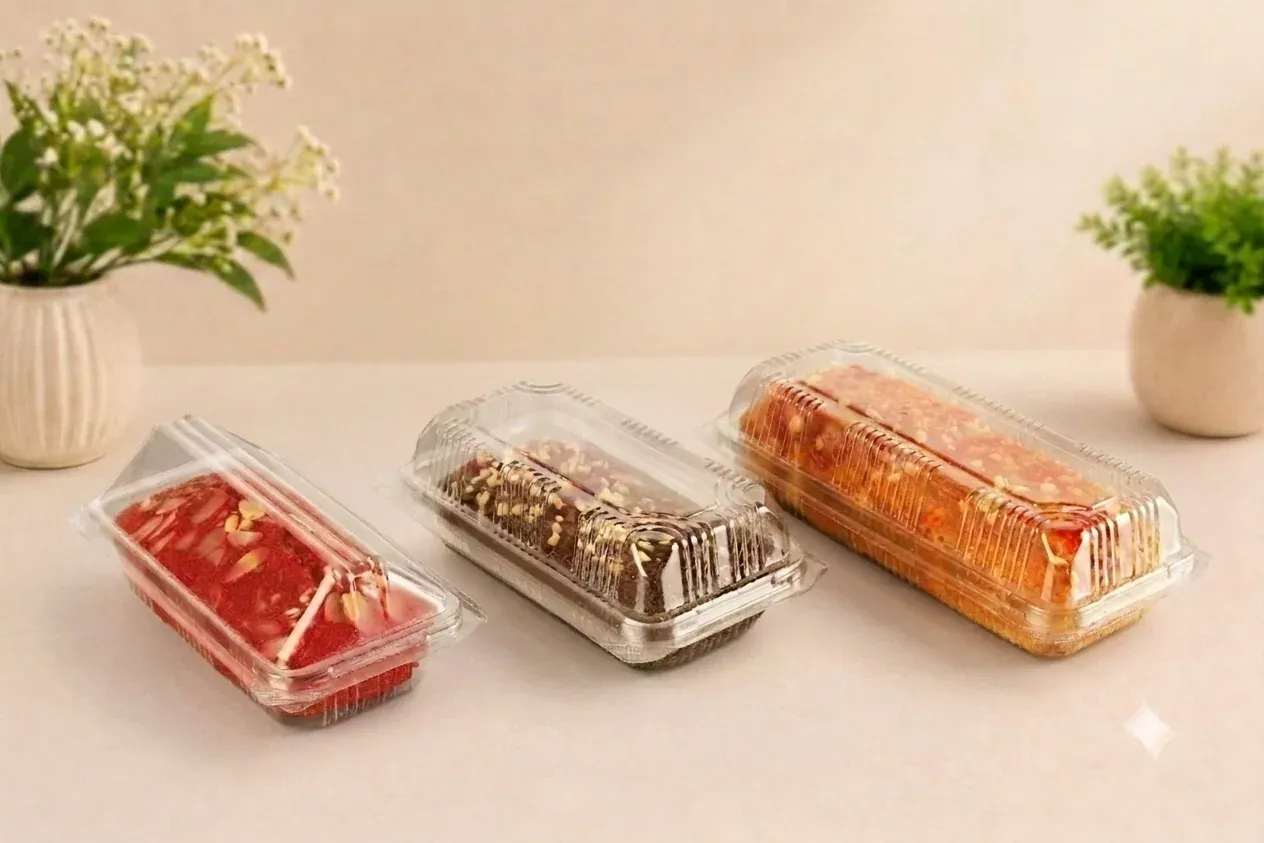 Three clear PET bar cake boxes holding cakes