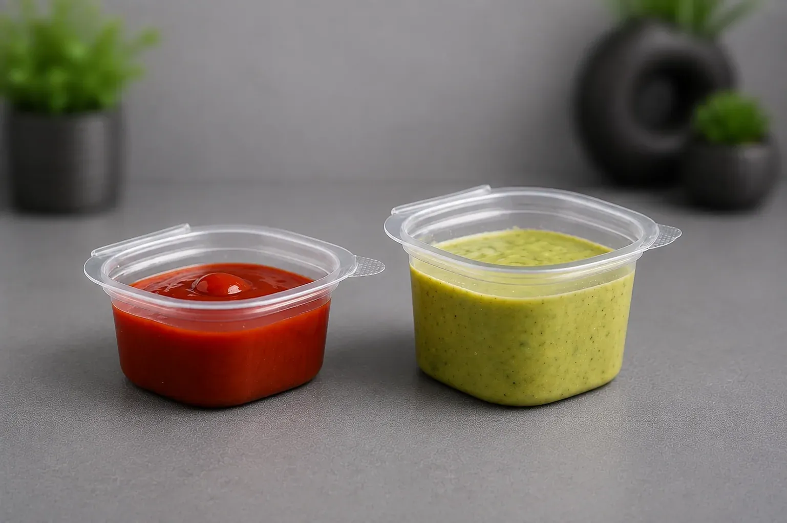 Two clear PET sauce containers filled with red and green sauces