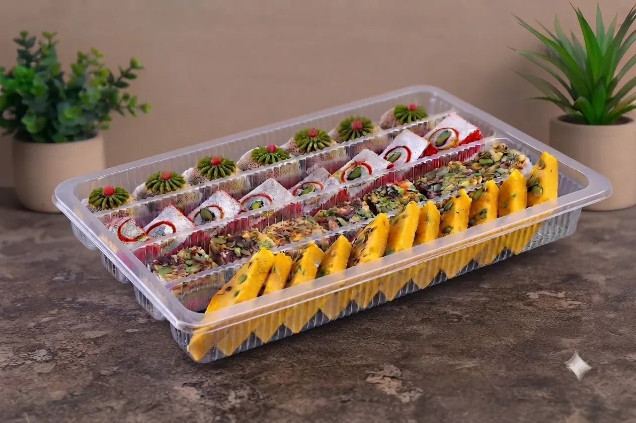 Large clear rectangular PP tray filled with assorted Indian sweets