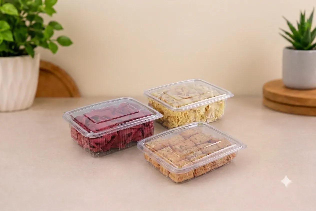 Three clear rectangular PET boxes filled with assorted snacks