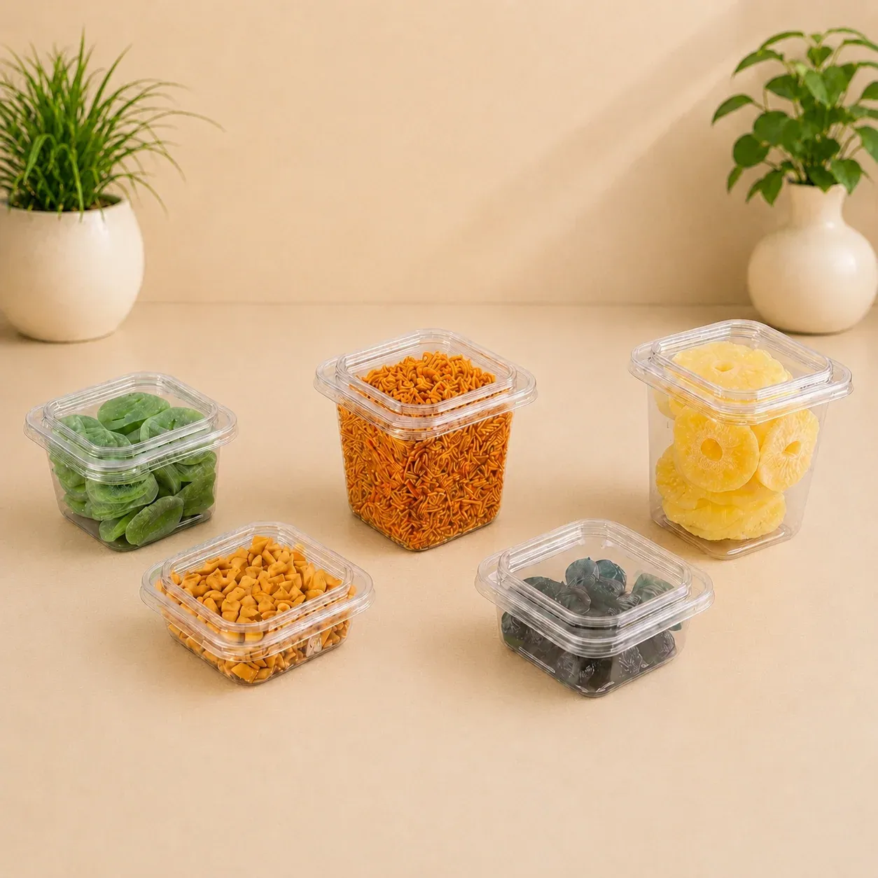 Five clear square PET containers filled with assorted foods