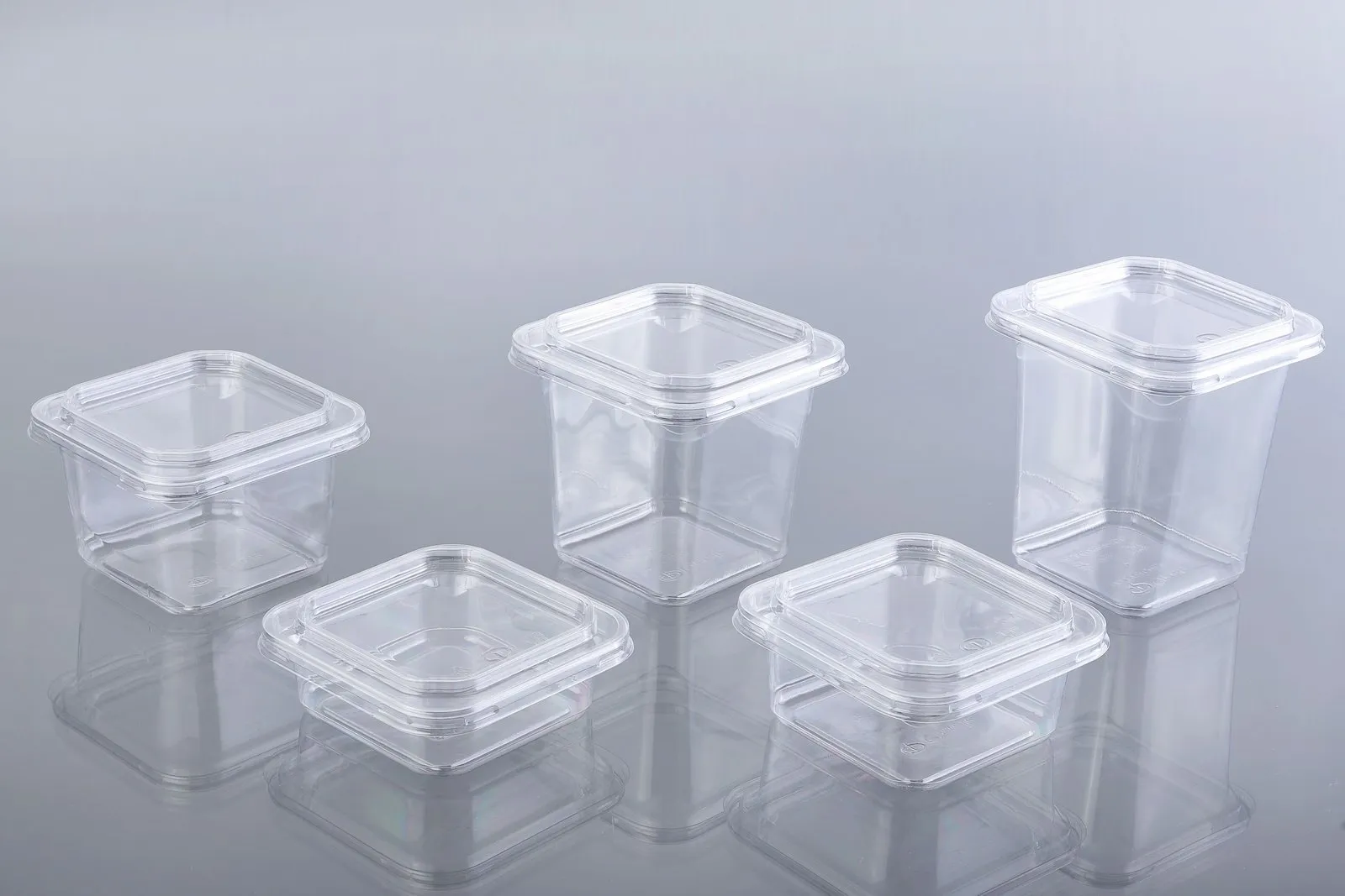 Clear Oracle PET containers with lids in assorted sizes